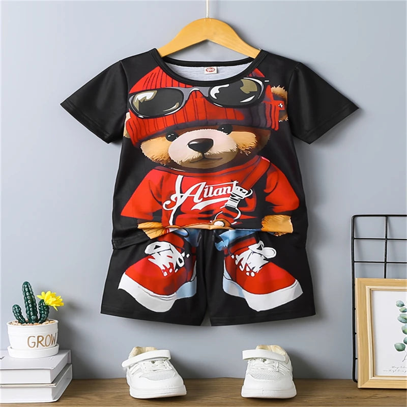 Conjunto Casual para Hombre con Estampado 3D de Oso – Camiseta y Pantalón Corto