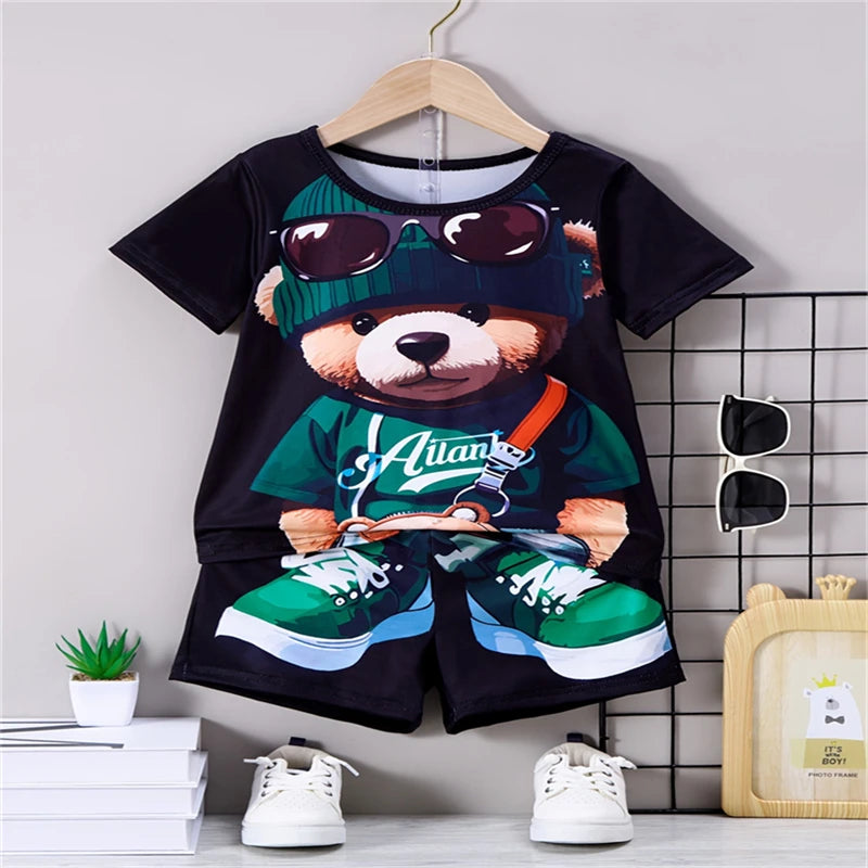 Conjunto Casual para Hombre con Estampado 3D de Oso – Camiseta y Pantalón Corto