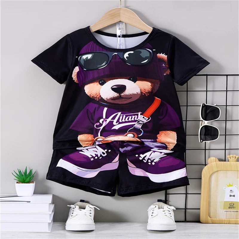 Conjunto Casual para Hombre con Estampado 3D de Oso – Camiseta y Pantalón Corto