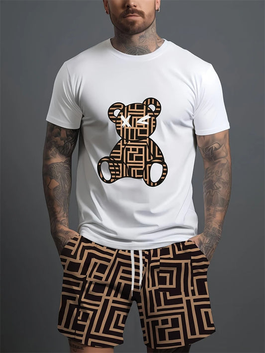 Conjunto Casual para Hombre con Estampado 3D de Oso – Camiseta y Pantalón Corto