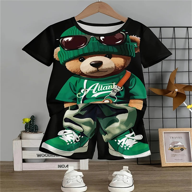 Conjunto Casual para Hombre con Estampado 3D de Oso – Camiseta y Pantalón Corto
