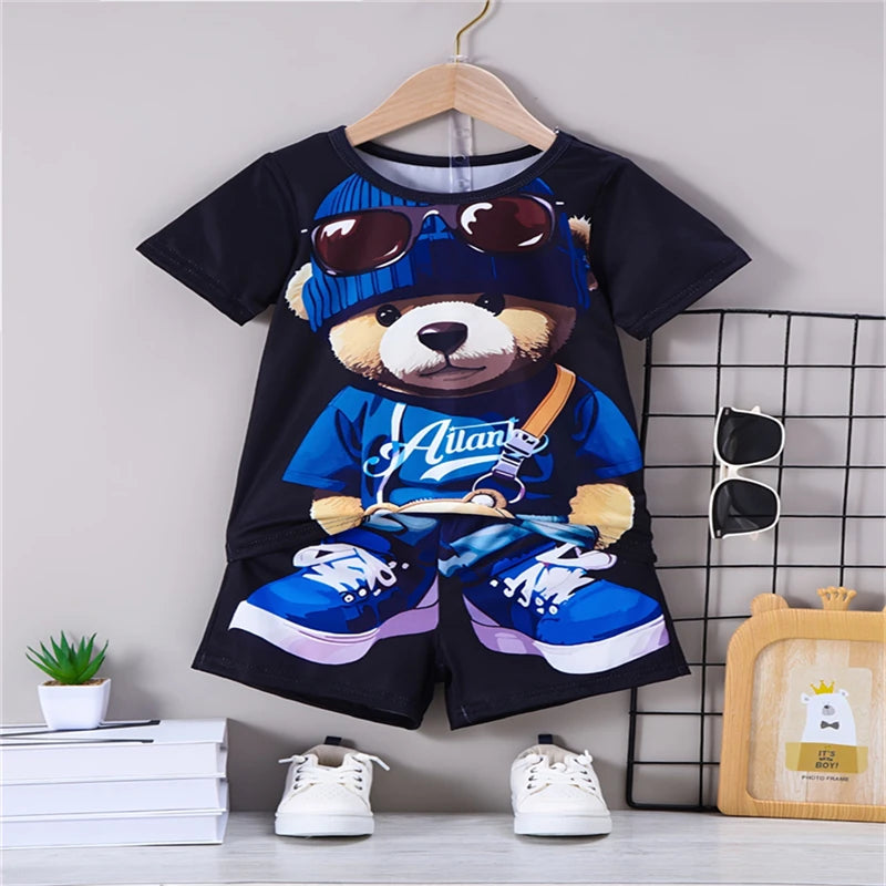 Conjunto Casual para Hombre con Estampado 3D de Oso – Camiseta y Pantalón Corto