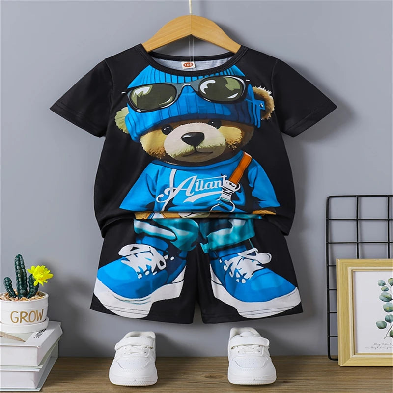 Conjunto Casual para Hombre con Estampado 3D de Oso – Camiseta y Pantalón Corto