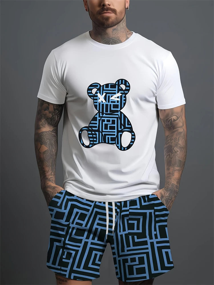 Conjunto Casual para Hombre con Estampado 3D de Oso – Camiseta y Pantalón Corto