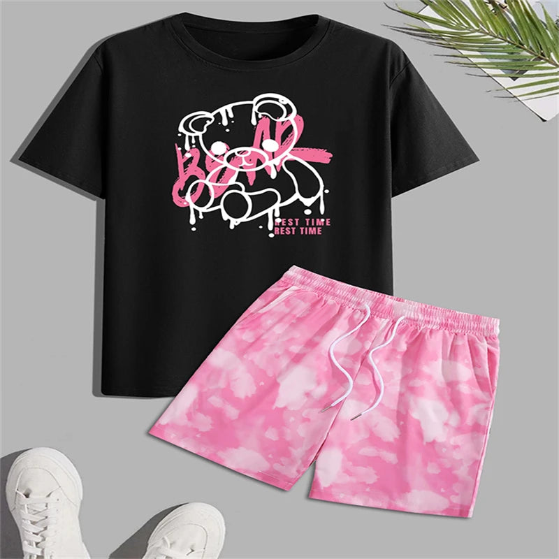 Conjunto Casual para Hombre con Estampado 3D de Oso – Camiseta y Pantalón Corto