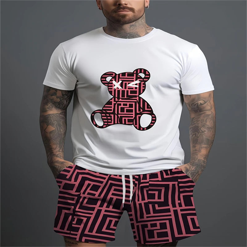 Conjunto Casual para Hombre con Estampado 3D de Oso – Camiseta y Pantalón Corto