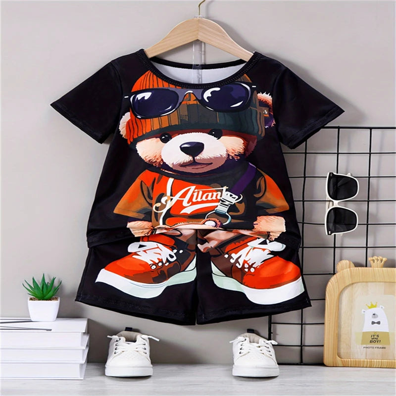 Conjunto Casual para Hombre con Estampado 3D de Oso – Camiseta y Pantalón Corto