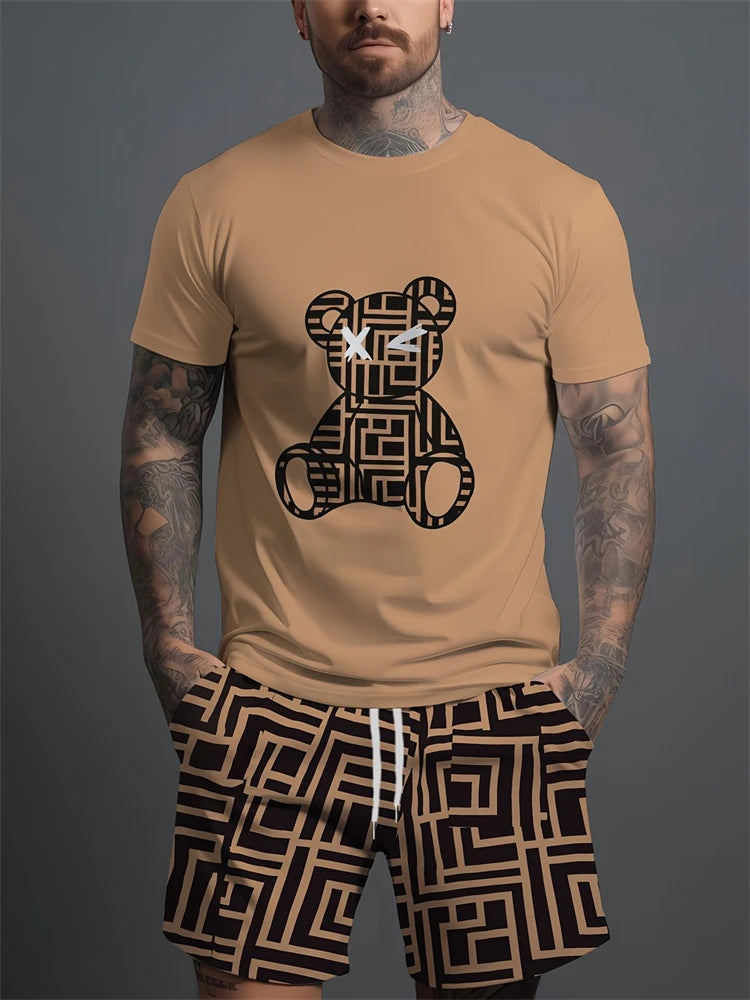 Conjunto Casual para Hombre con Estampado 3D de Oso – Camiseta y Pantalón Corto