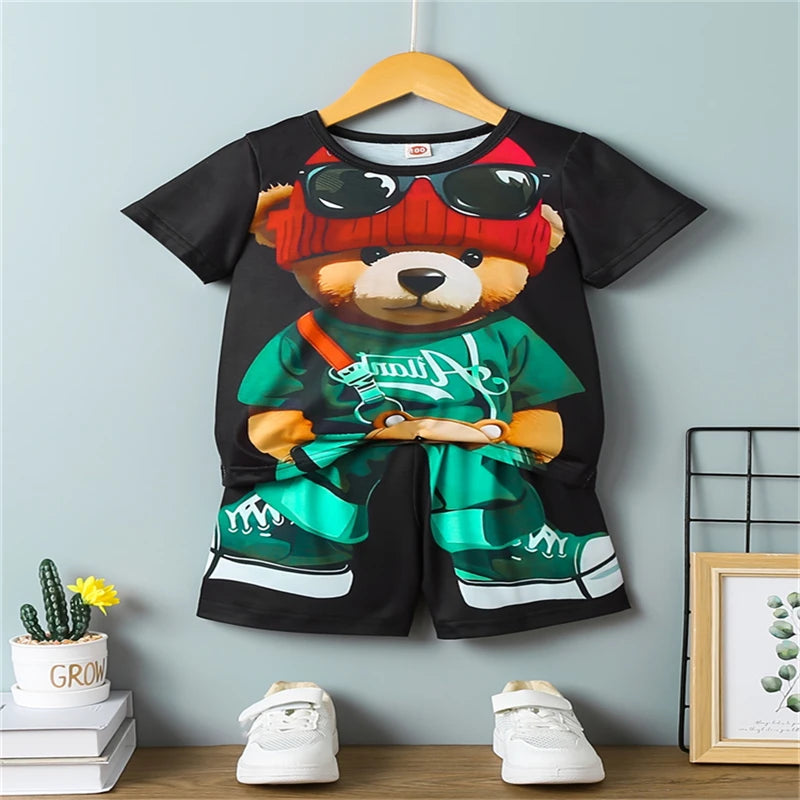 Conjunto Casual para Hombre con Estampado 3D de Oso – Camiseta y Pantalón Corto