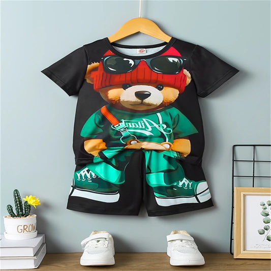 Conjunto Casual para Hombre con Estampado 3D de Oso – Camiseta y Pantalón Corto