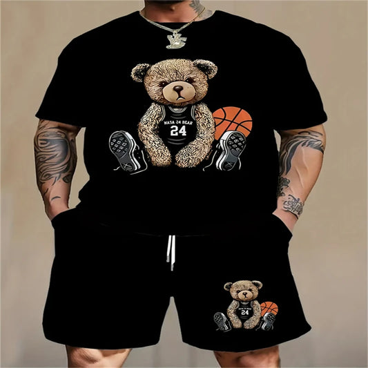Conjunto Casual para Hombre con Estampado 3D de Oso – Camiseta y Pantalón Corto