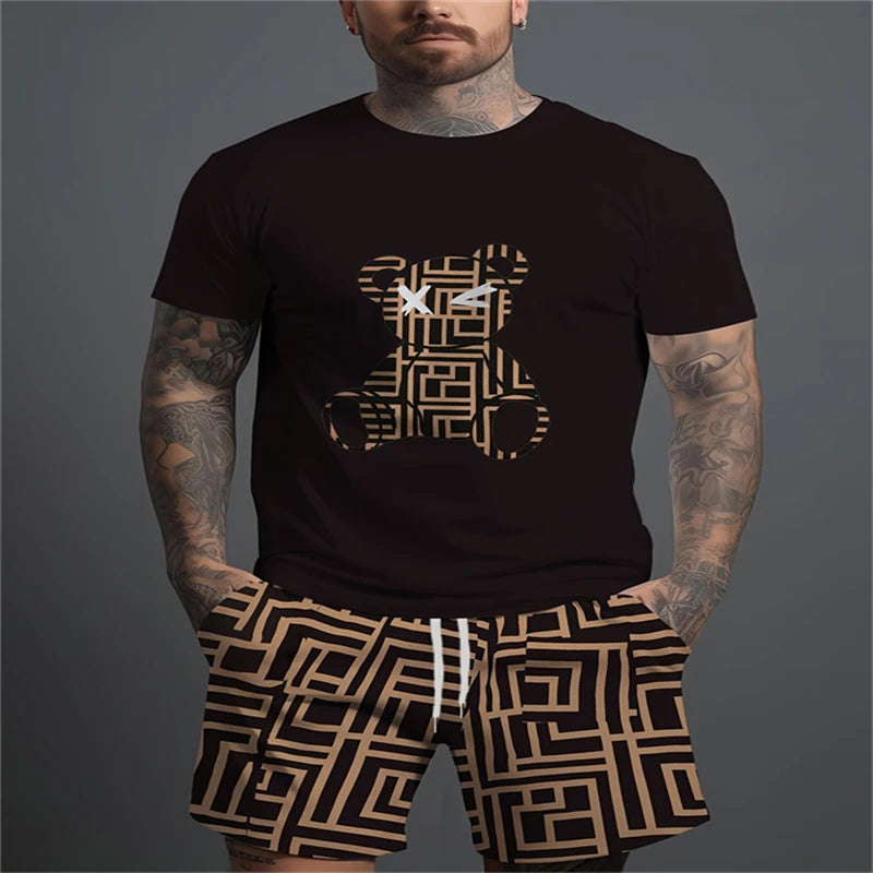 Conjunto Casual para Hombre con Estampado 3D de Oso – Camiseta y Pantalón Corto